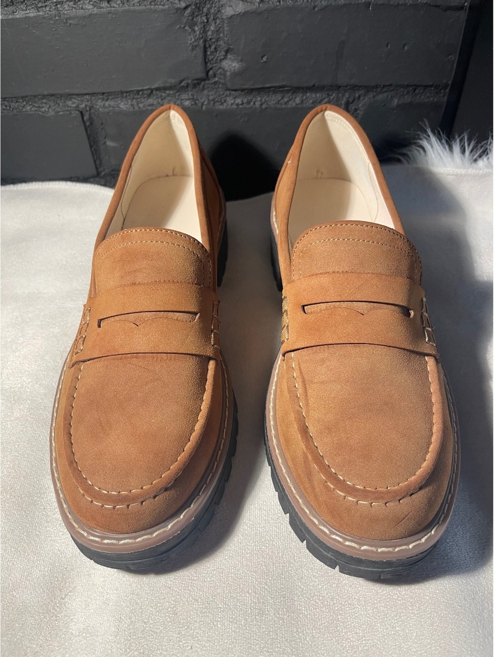 Brown Suede Penny Loafers with Lug Sole